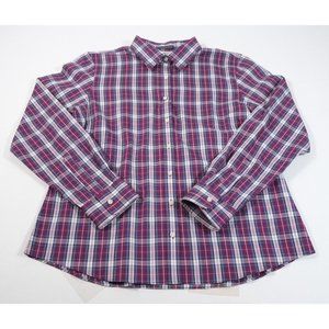 Lands End Women's No Iron Pinpoint Oxford Red Plaid Long Sleeve Shirt Sz 16